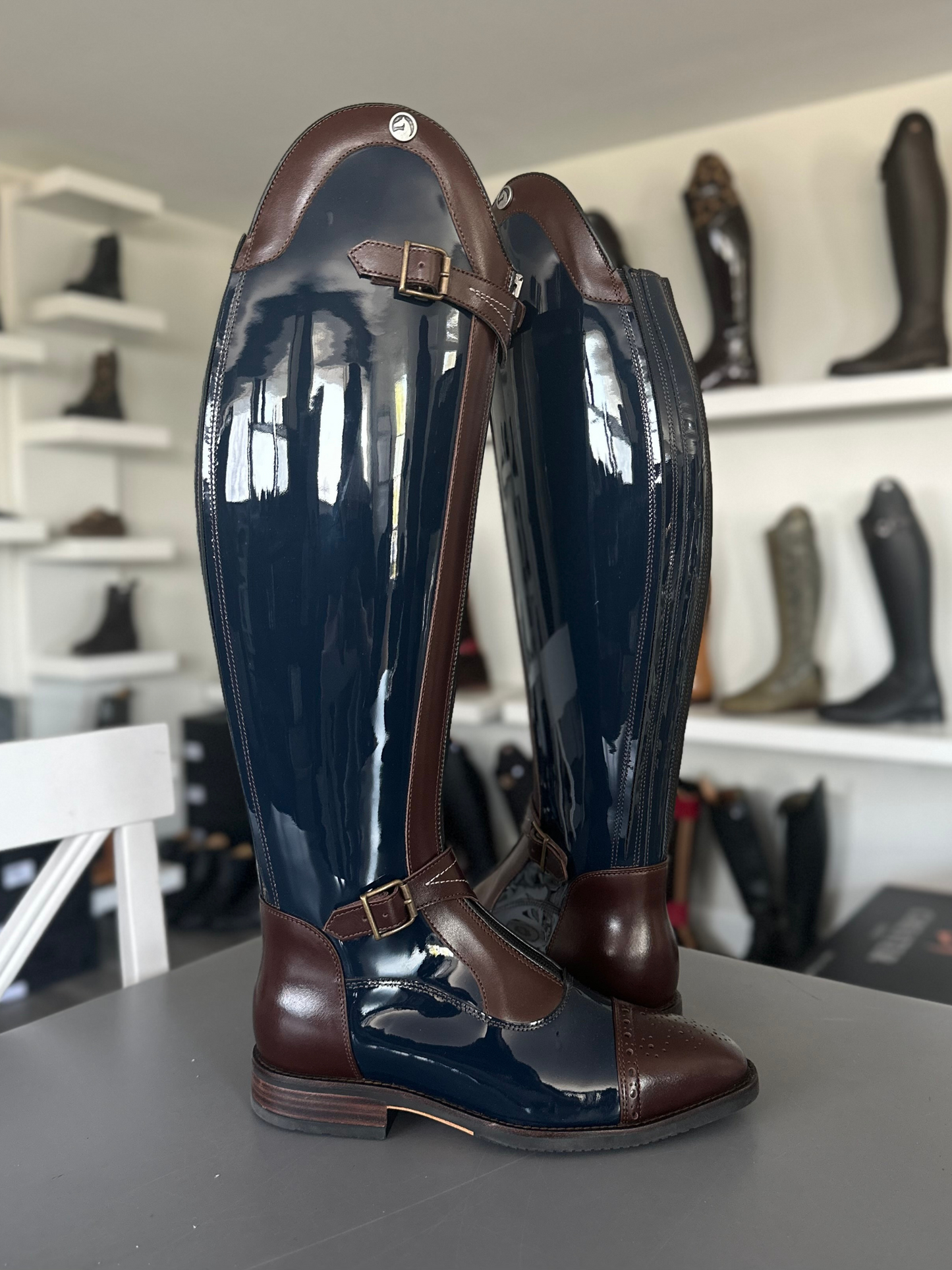 Chester Paris Polo Boot (Patent Blue and Brown)