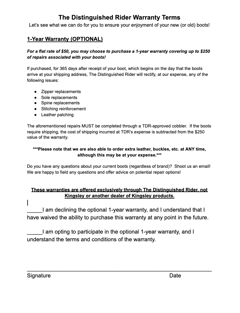 TDR 1-Year Warranty