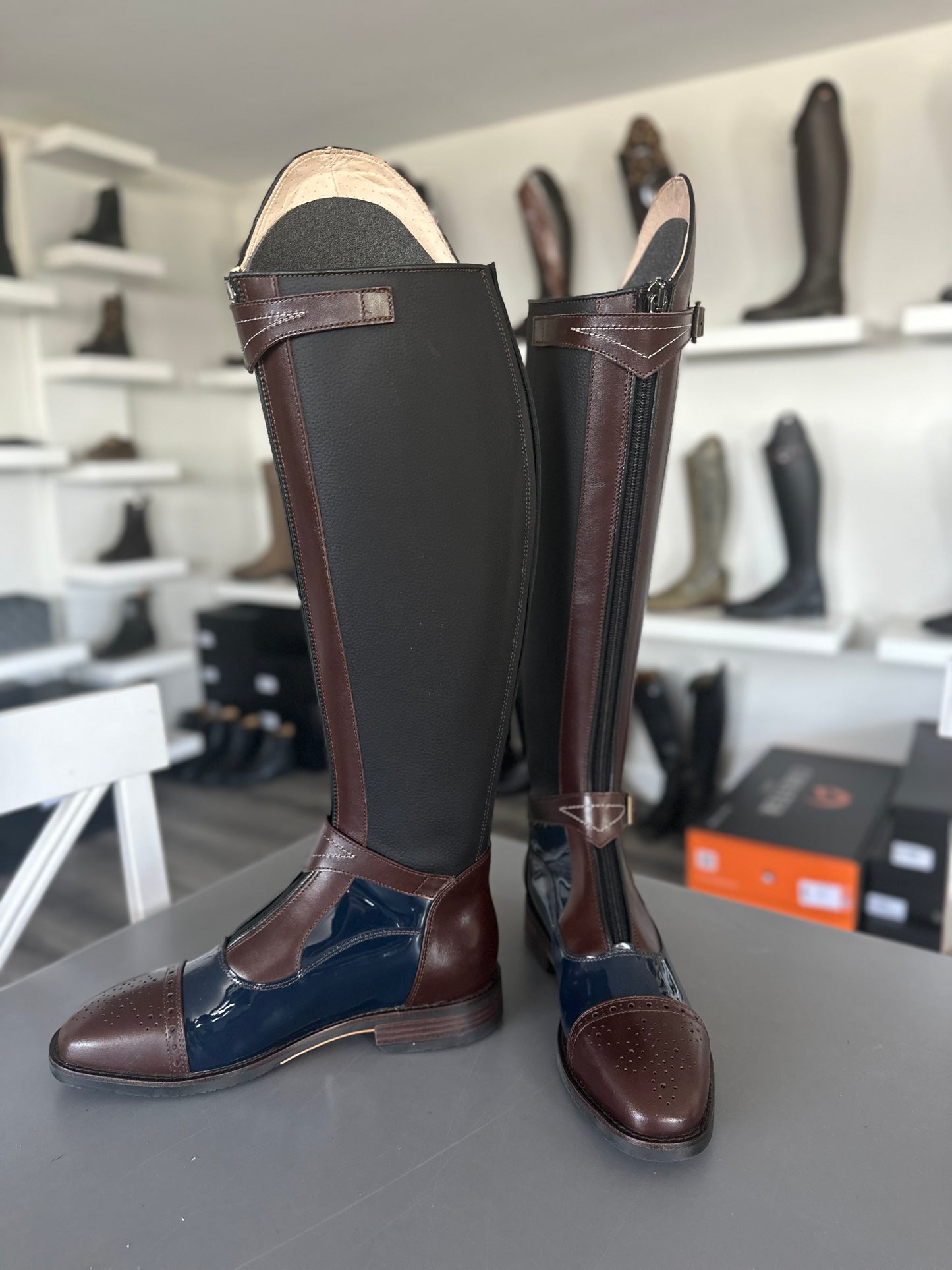 Chester Paris Polo Boot (Patent Blue and Brown)